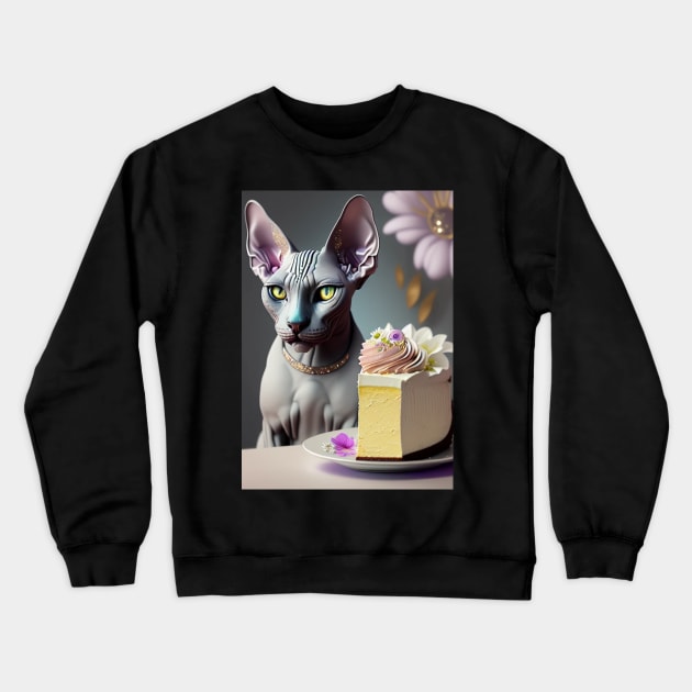 Sphynx enjoying a cake Crewneck Sweatshirt by Enchanted Reverie